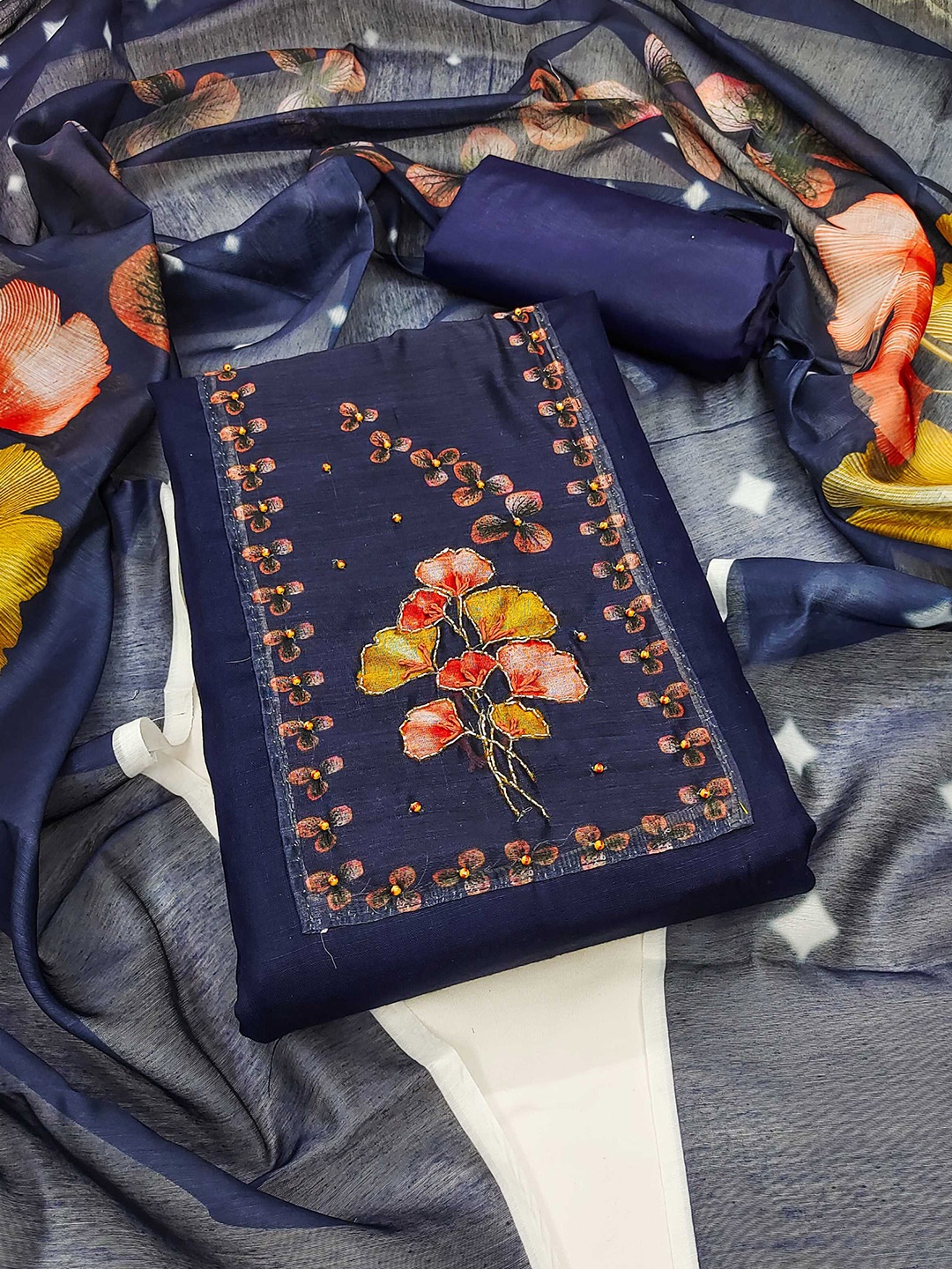 

Panzora Floral Embroidered Beads & Stones Unstitched Dress Material, Navy blue