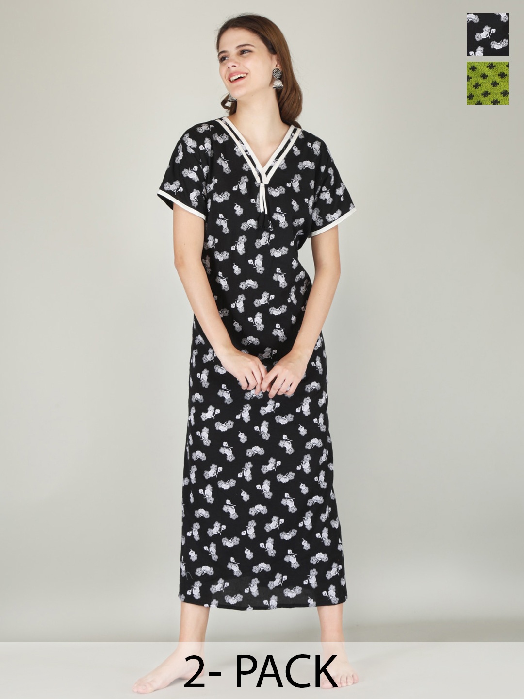 

JVSP FASHION Pack Of 2 Floral Printed V-Neck Pure Cotton Maxi Nightdress, Black