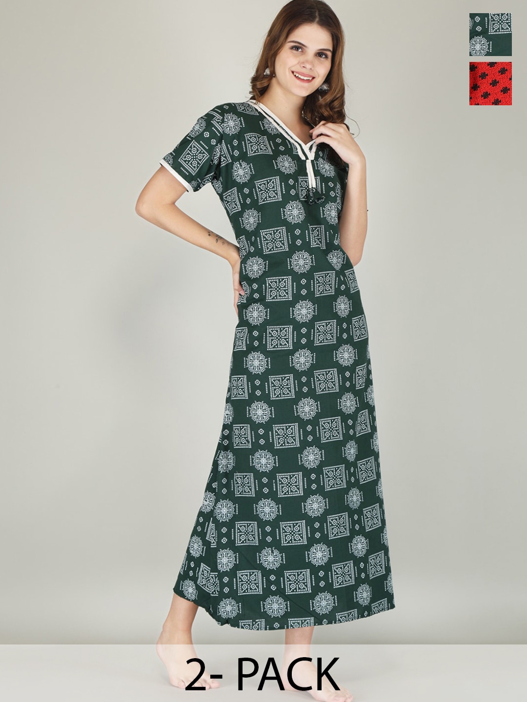 

JVSP FASHION Pack Of 2 Ethnic Motifs Printed V-Neck Pure Cotton Maxi Nightdress, Green