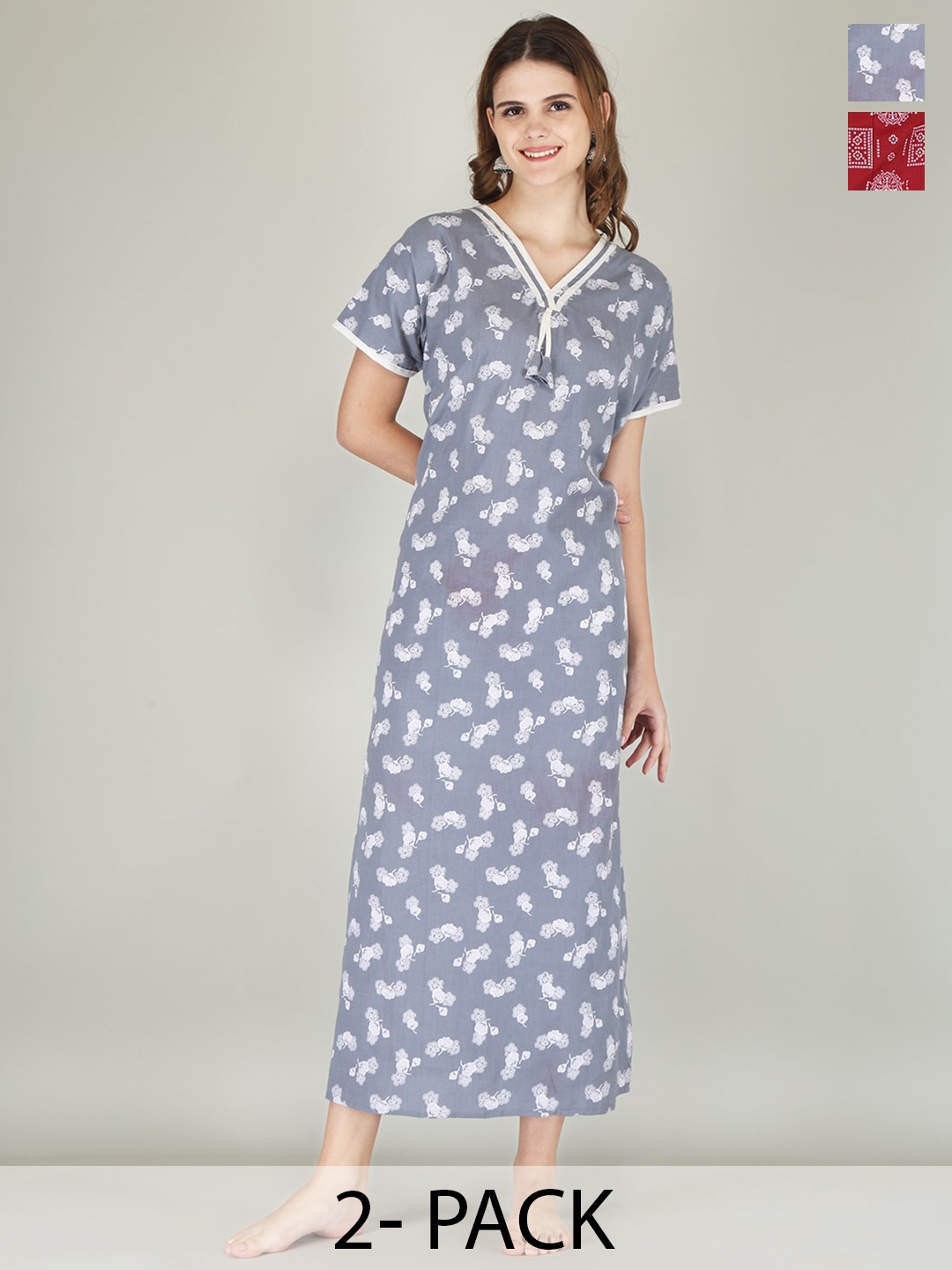 

JVSP FASHION Pack Of 2 Printed V-Neck Cotton Maxi Nightdress, Grey