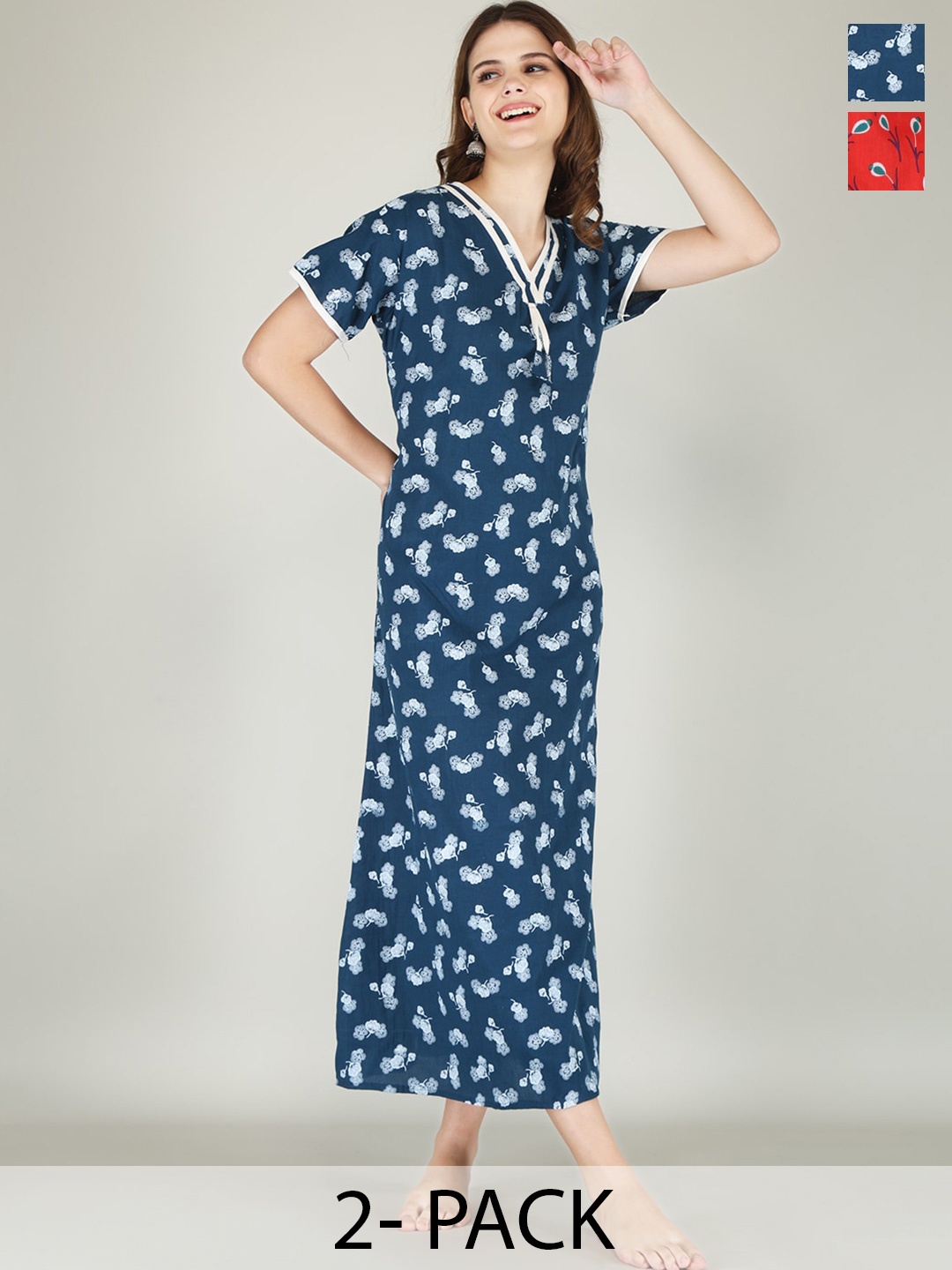 

JVSP FASHION Pack Of 2 Printed V-Neck Cotton Maxi Nightdress, Blue