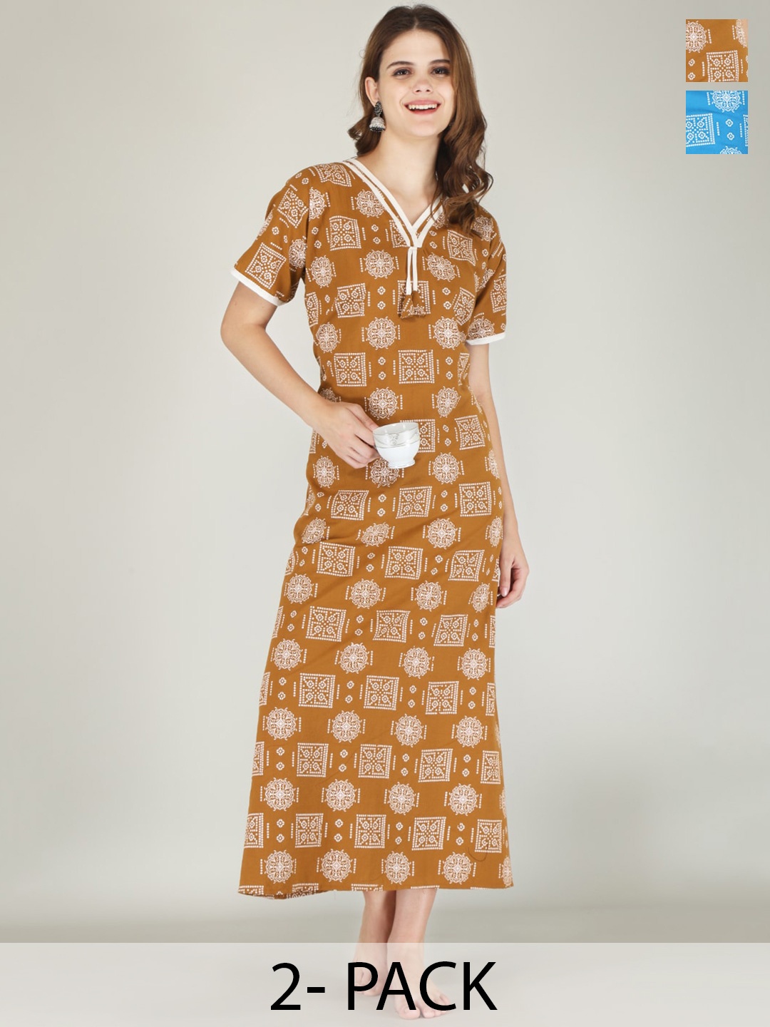 

JVSP FASHION Pack Of 2 Printed Pure Cotton Maxi Nightdress, Brown