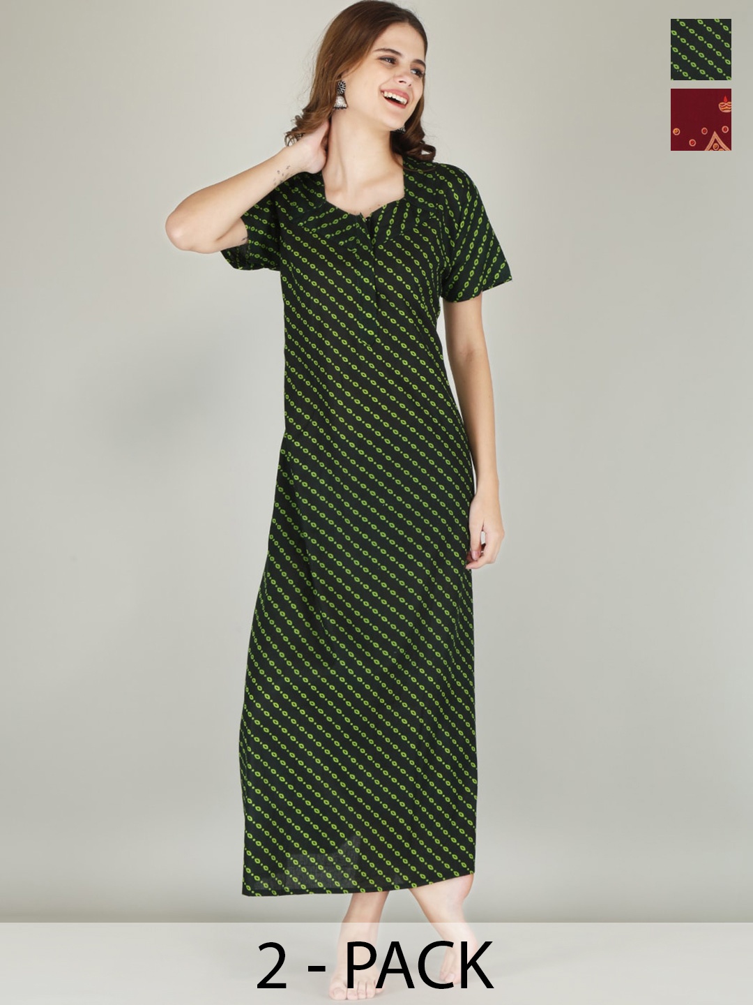 

JVSP FASHION Pack Of 2 Printed Pure Cotton Maxi Nightdress, Maroon