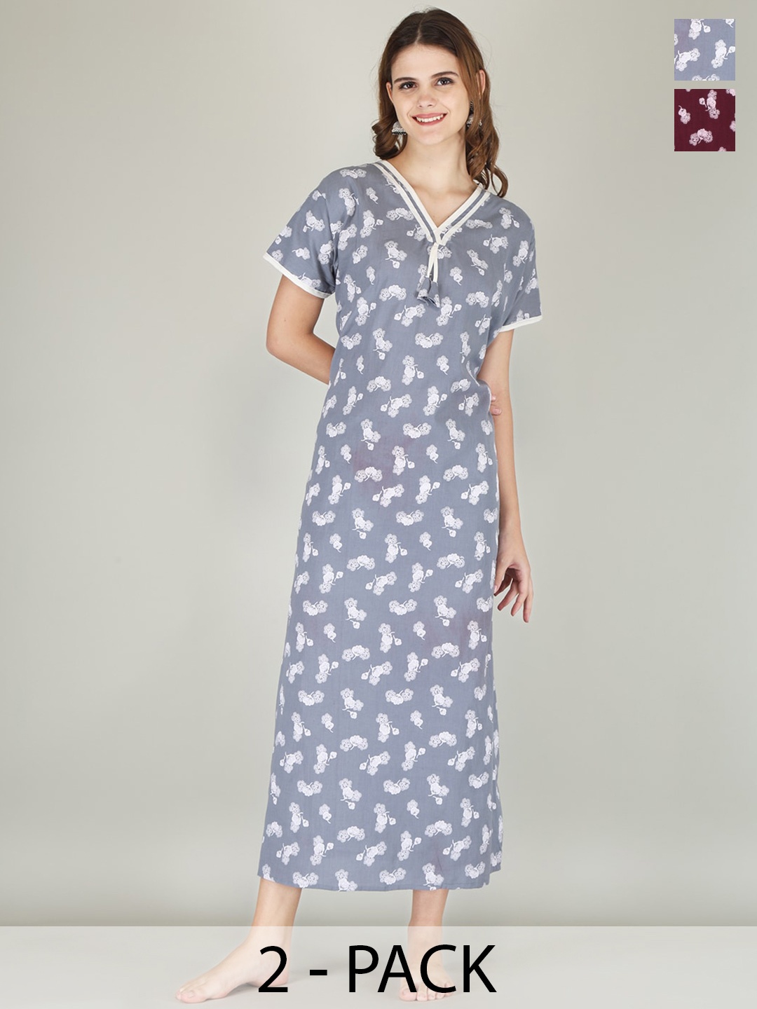 

JVSP FASHION Pack of 2 Floral Printed V-Neck Pure Cotton Maxi Nightdress, Grey