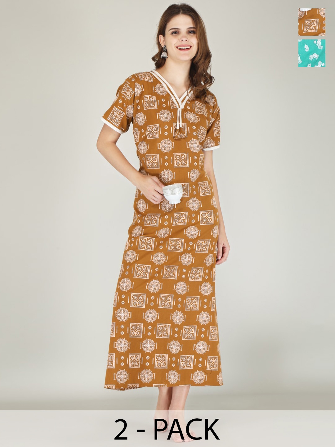 

JVSP FASHION Pack Of 2 Floral Printed V-Neck Pure Cotton Maxi Nightdress, Sea green