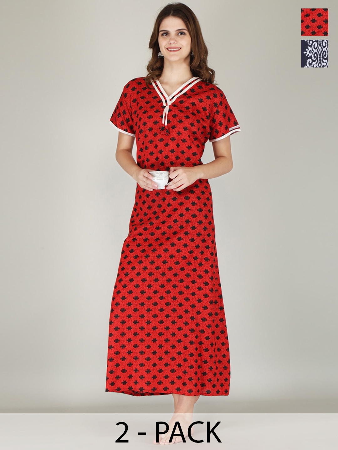 

JVSP FASHION Pack Of 2 Printed Pure Cotton Maxi Nightdress, Red