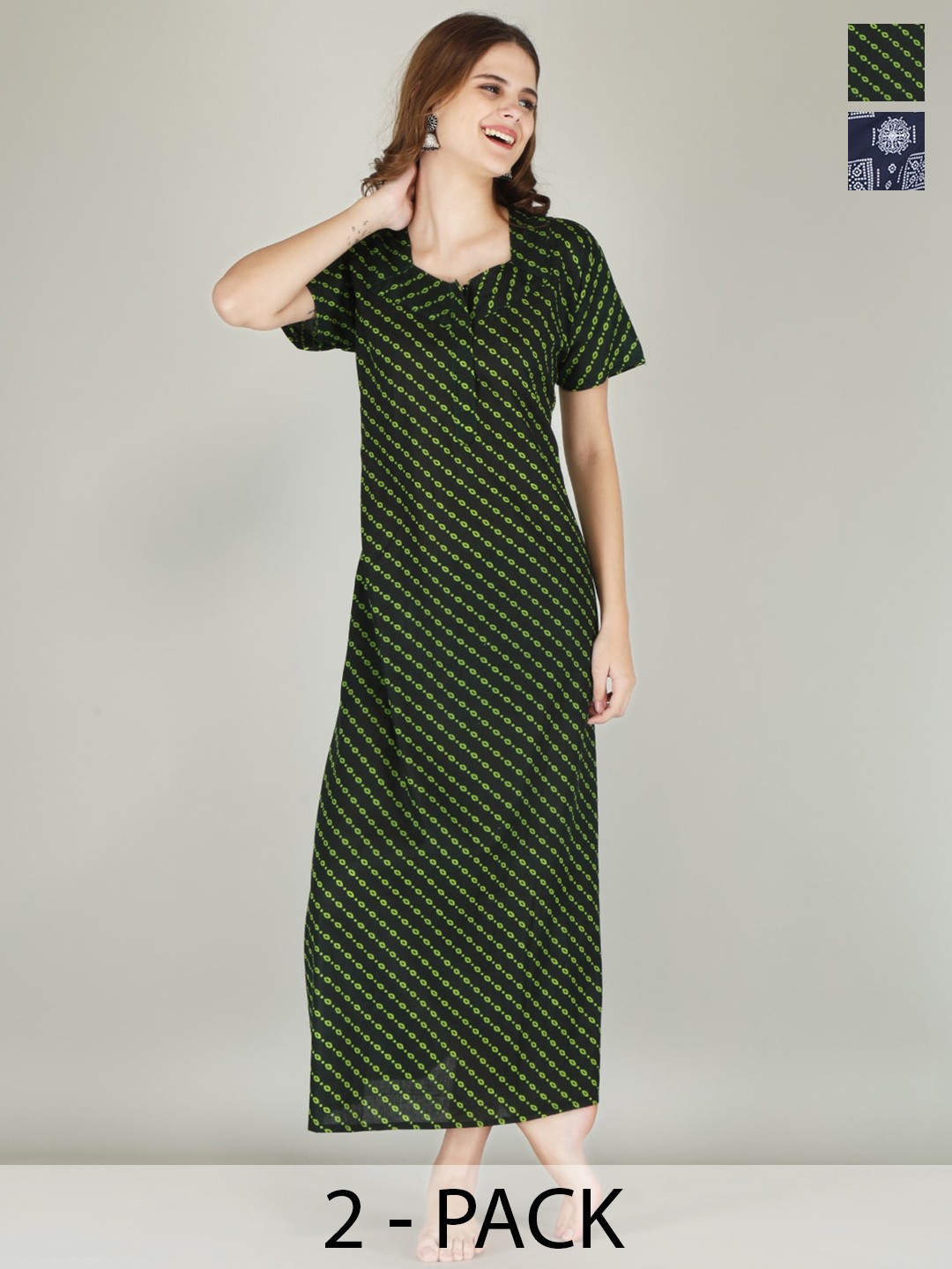 

JVSP FASHION Pack Of 2 Printed V-Neck Cotton Maxi Nightdress, Green