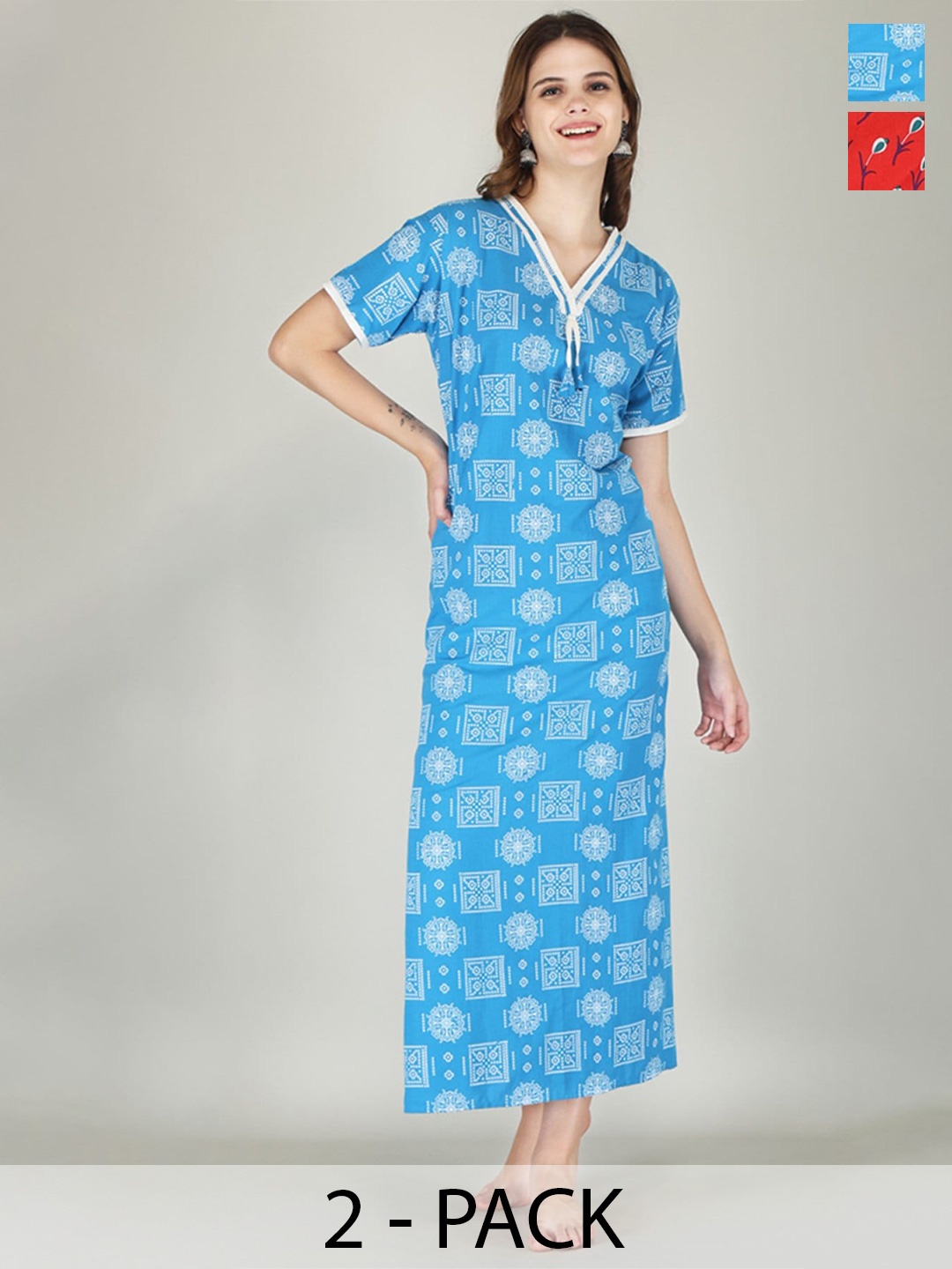 

JVSP FASHION Pack Of 2 Printed Pure Cotton Maxi Nightdress, Blue