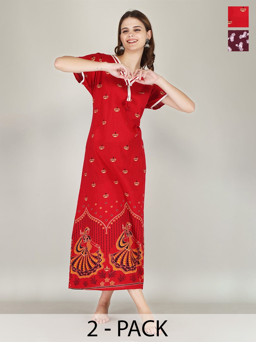 

JVSP FASHION Pack of 2 Ethnic Motifs Printed V-Neck Pure Cotton Maxi Nightdress, Red