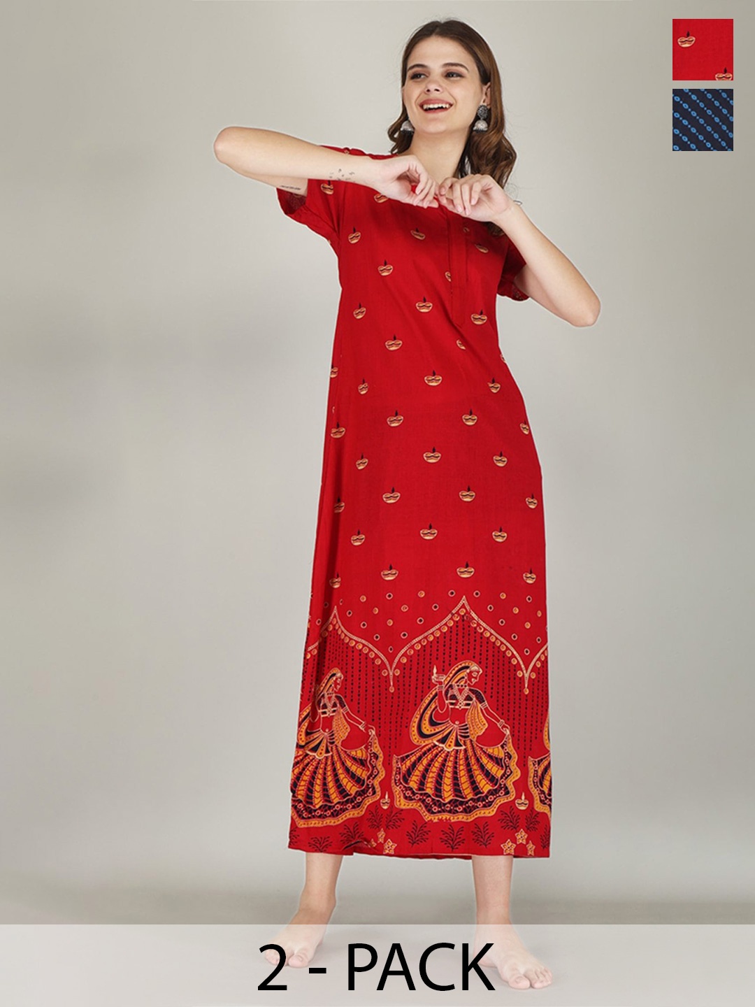 

JVSP FASHION Pack Of 2 Printed V-Neck Cotton Maxi Nightdress, Red