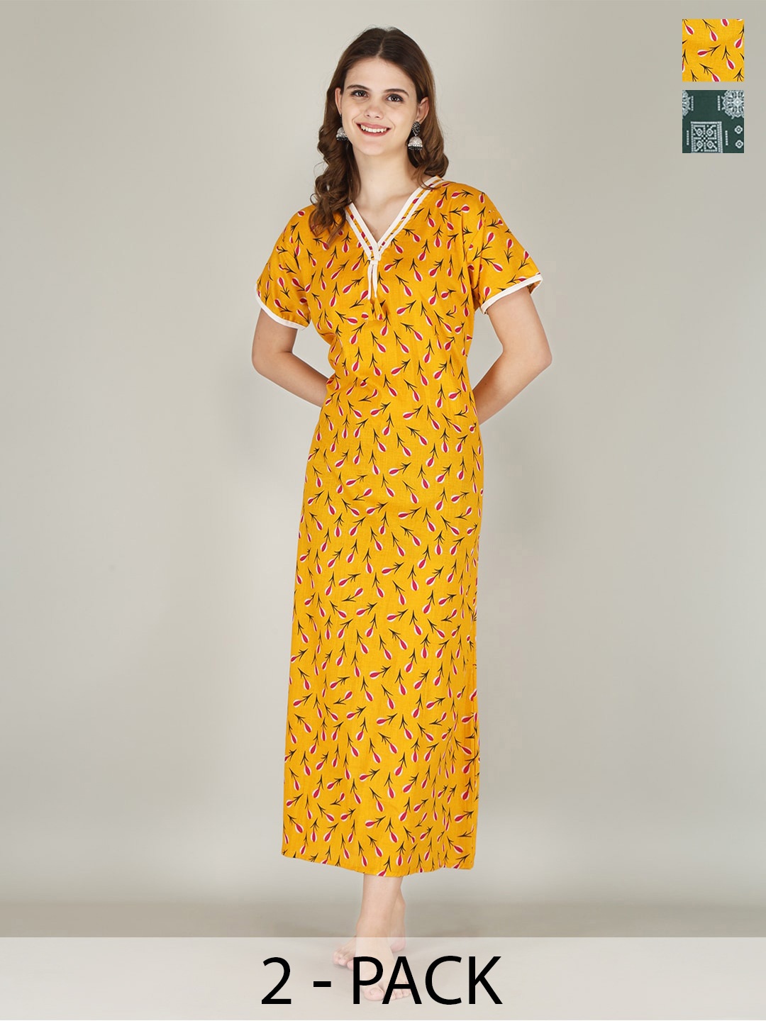 

JVSP FASHION Pack Of 2 Printed Pure Cotton Maxi Nightdress, Yellow