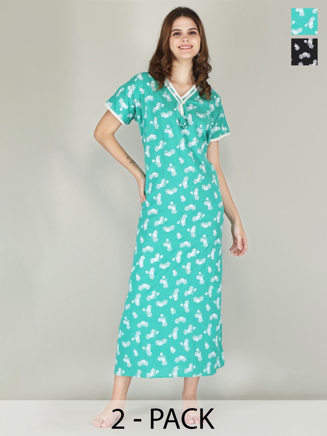 

JVSP FASHION Pack Of 2 Floral Printed V-Neck Pure Cotton Maxi Nightdress, Black