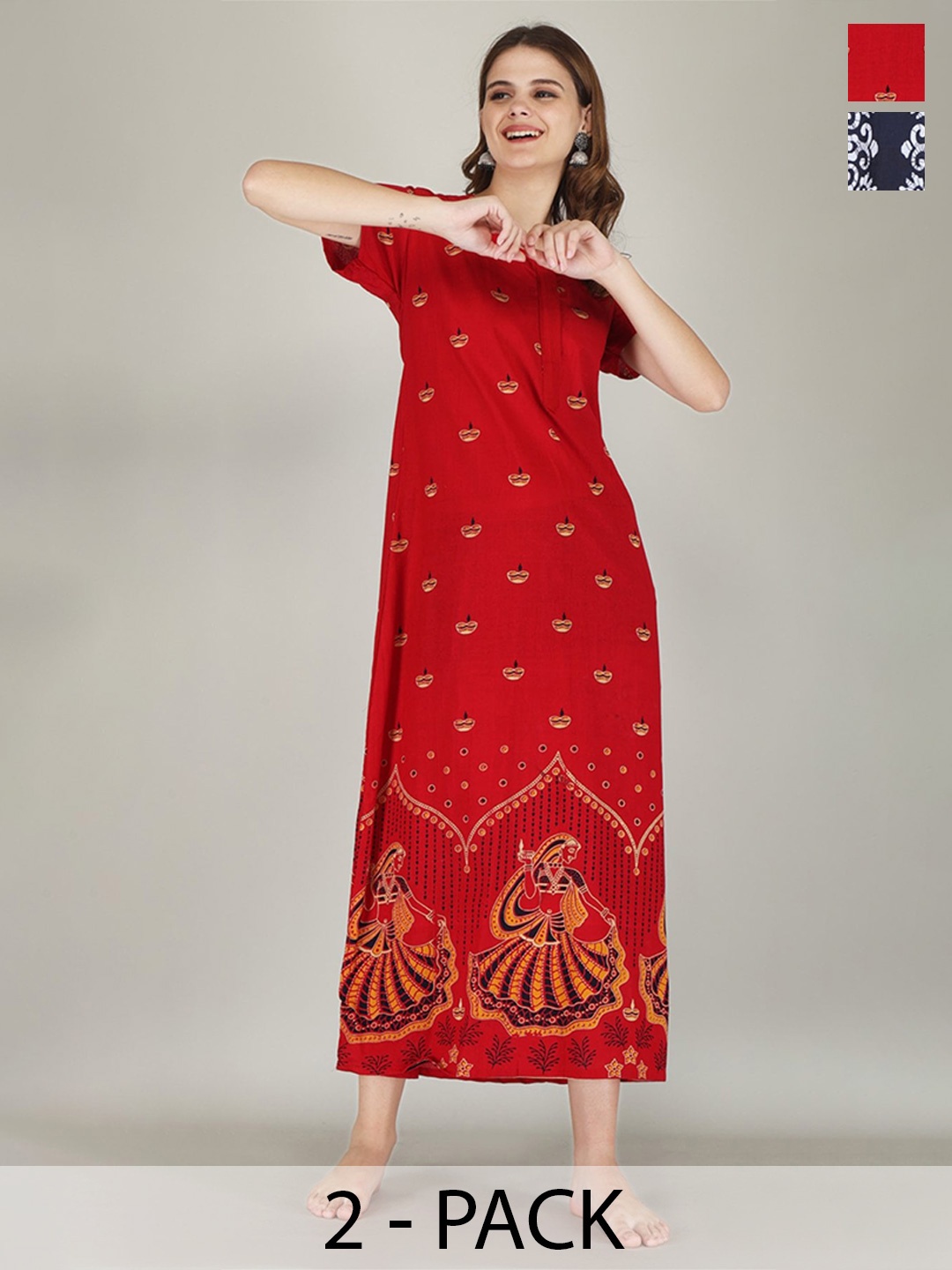

JVSP FASHION Pack of 2 Ethnic Motifs Printed V-Neck Pure Cotton Maxi Nightdress, Red