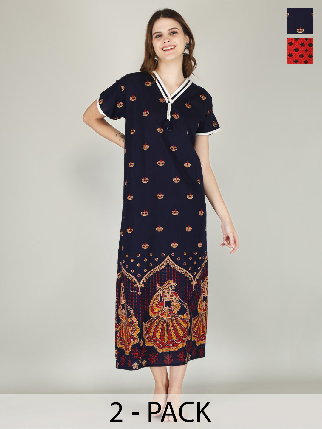 

JVSP FASHION Pack Of 2 Printed Pure Cotton Maxi Nightdress, Navy blue