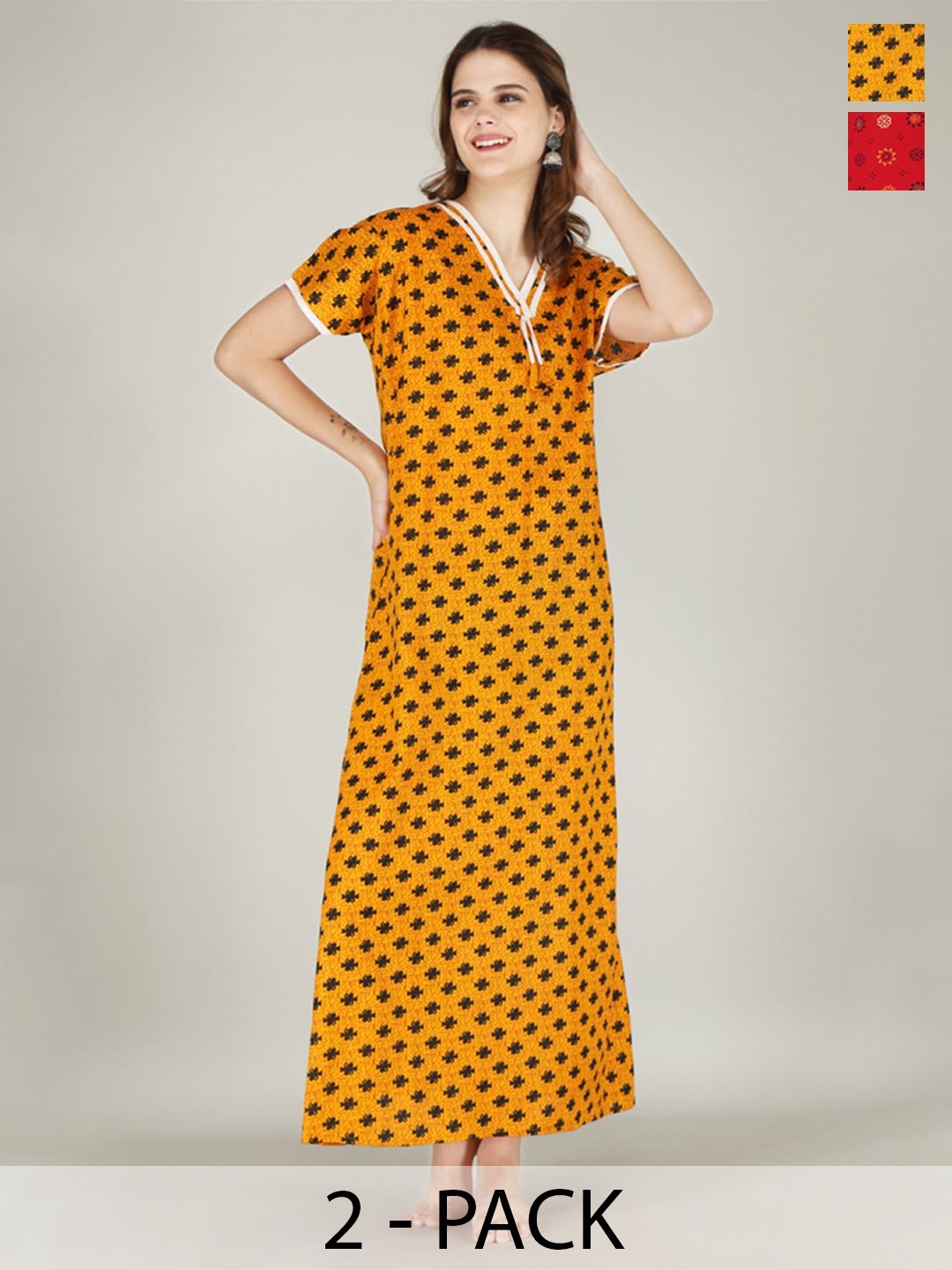 

JVSP FASHION Pack Of 2 Printed Pure Cotton Maxi Nightdress, Red