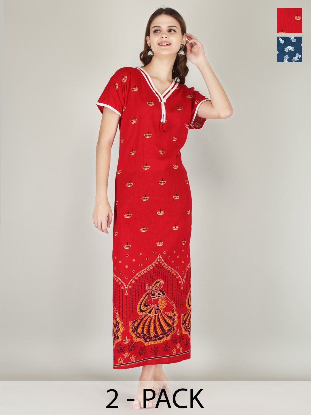 

JVSP FASHION Pack Of 2 Floral Printed V-Neck Pure Cotton Maxi Nightdress, Red