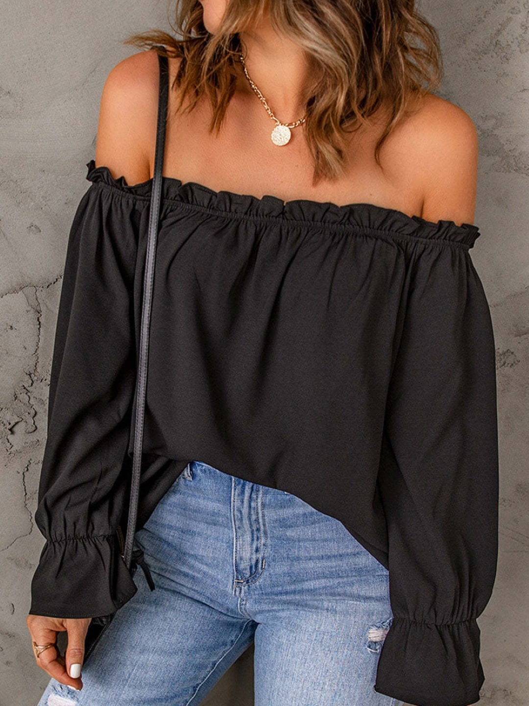 

Stylecast X KPOP Off-Shoulder Long Sleeves Bardot Top, Black