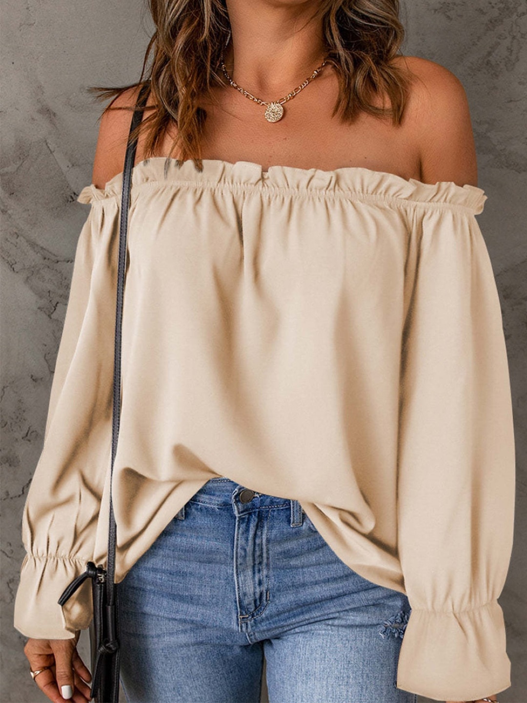 

Stylecast X KPOP Cream Off-Shoulder Cuffed Sleeves Bardot Casual Top