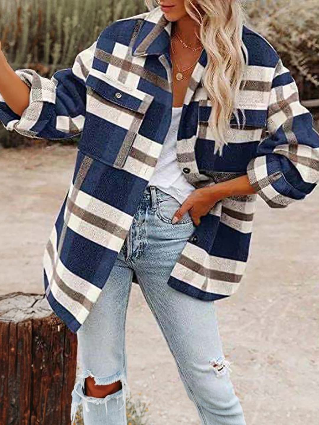 

Stylecast X KPOP Checked Printed Shirt Collar Three-Quarter Sleeves Shirt Style Top, Blue