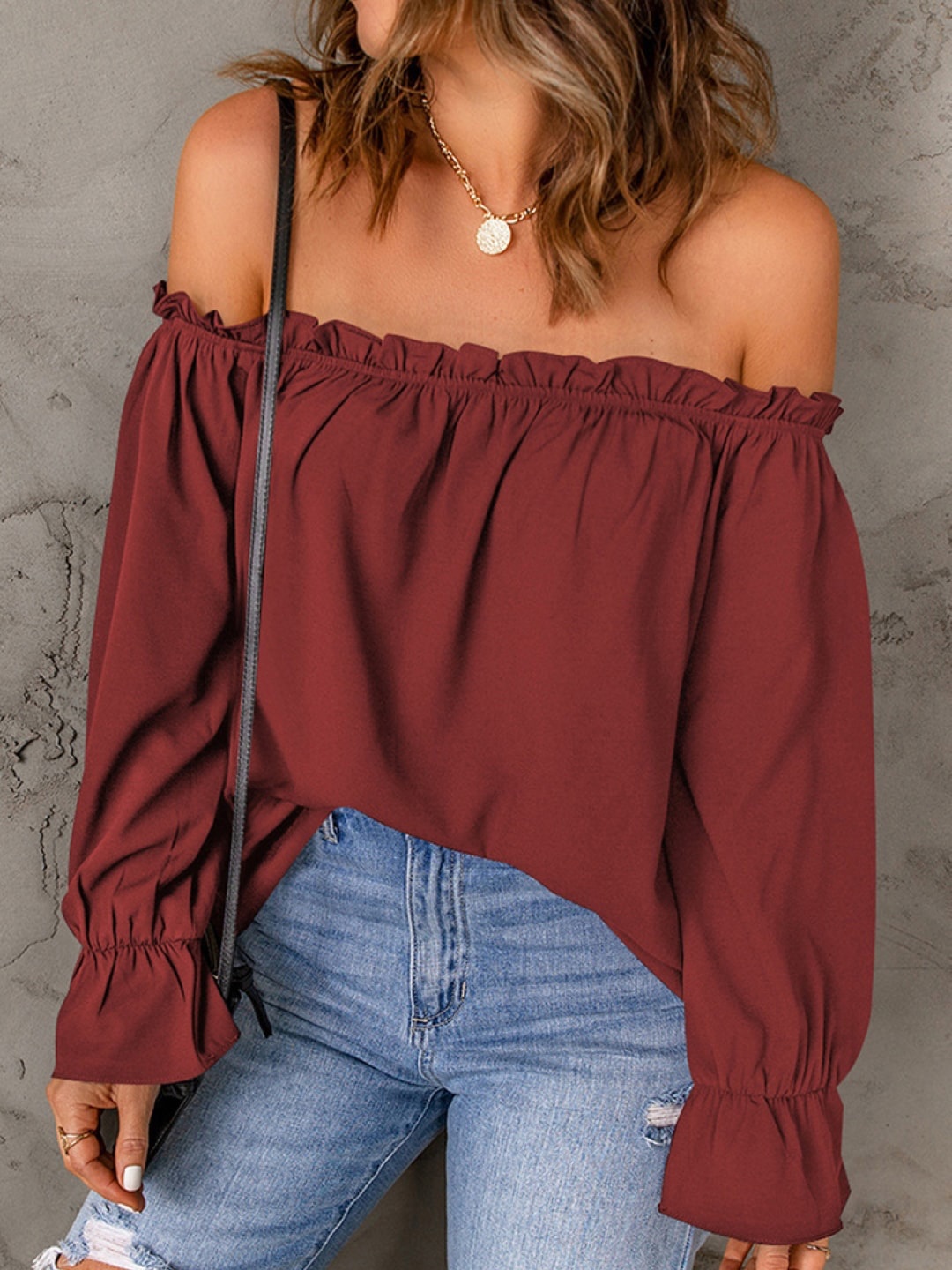 

Stylecast X KPOP Off-Shoulder Bell Sleeve Bardot Top, Red