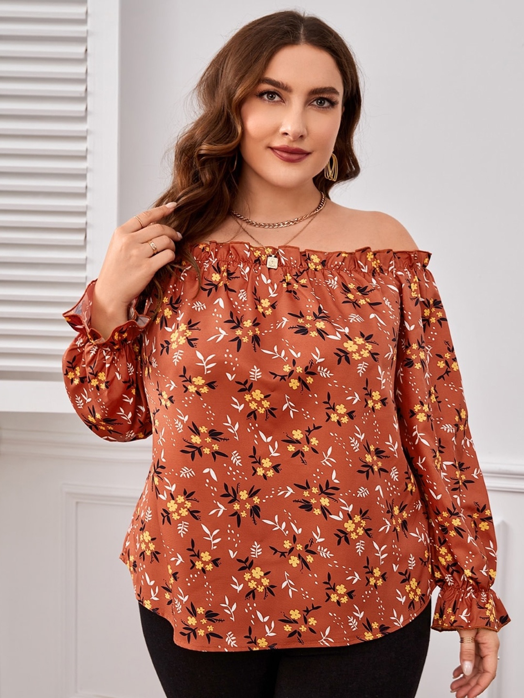 

Stylecast X KPOP Orange Floral Printed Off Shoulder Bell Sleeve Bardot Top