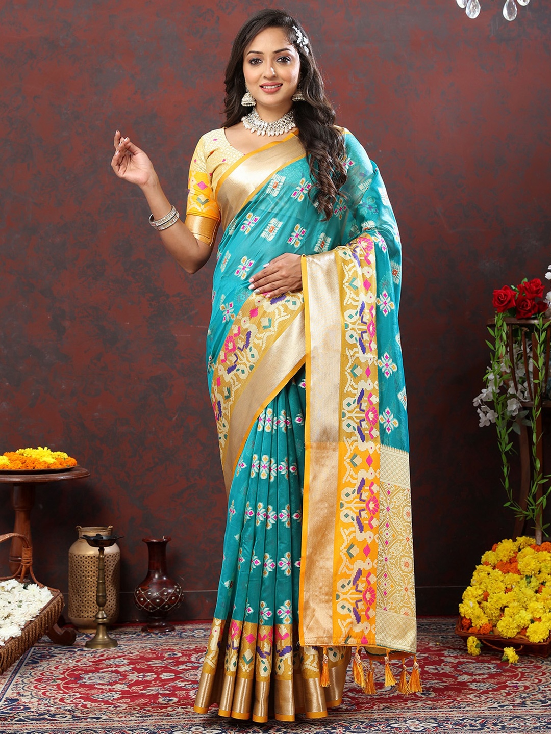 

JATRIQQ Ethnic Motifs Woven Design Zari Organza Banarasi Saree, Teal