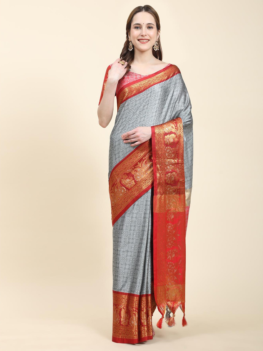

Spetila Floral Woven Design Zari Silk Cotton Maheshwari Saree, Grey