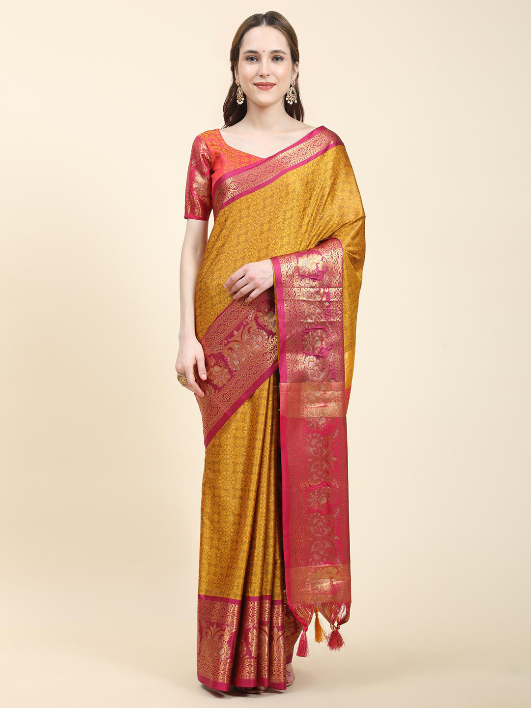 

Spetila Floral Woven Design Zari Silk Cotton Maheshwari Saree, Yellow