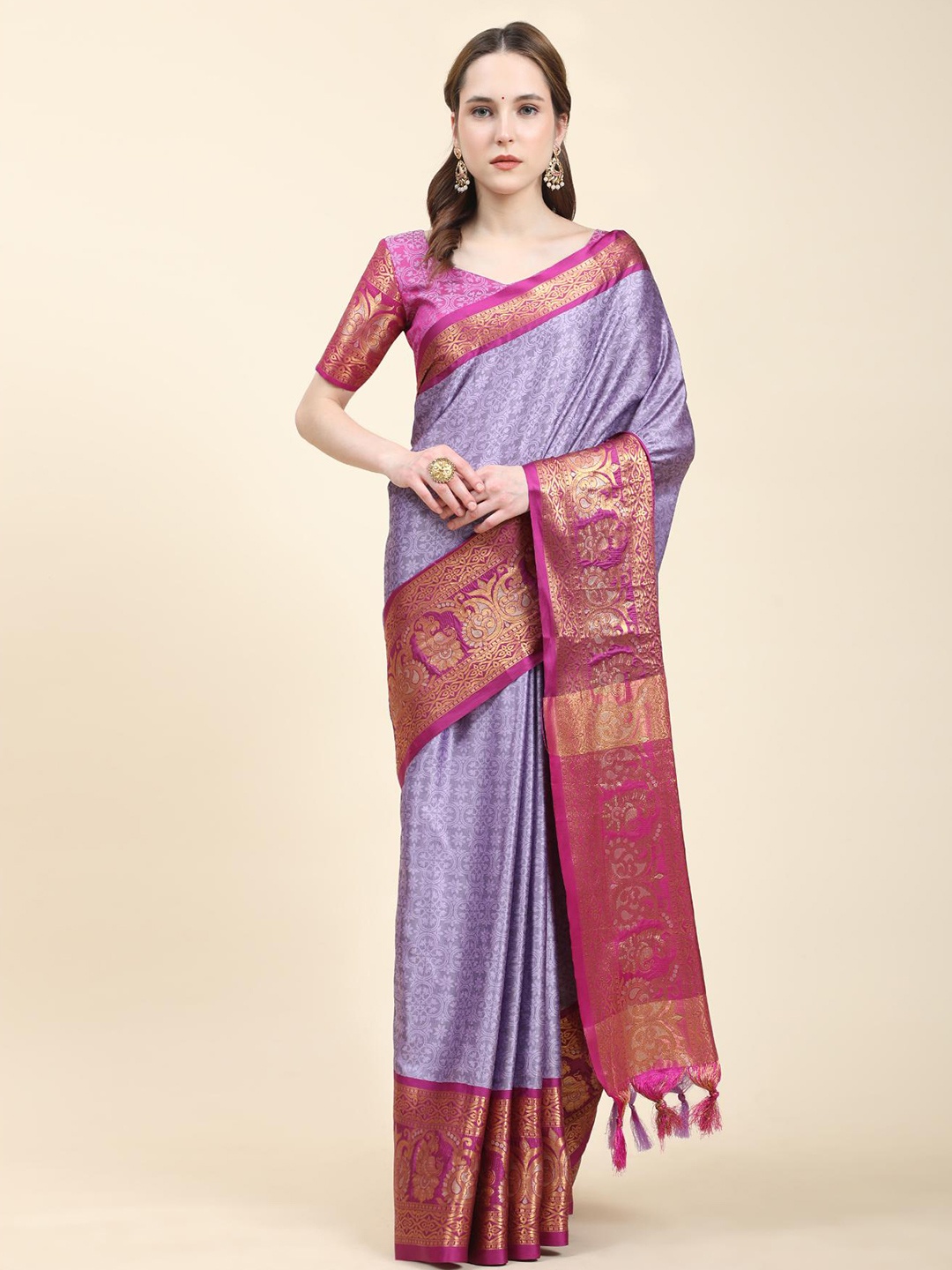 

Spetila Floral Woven Design Zari Silk Cotton Maheshwari Saree, Purple