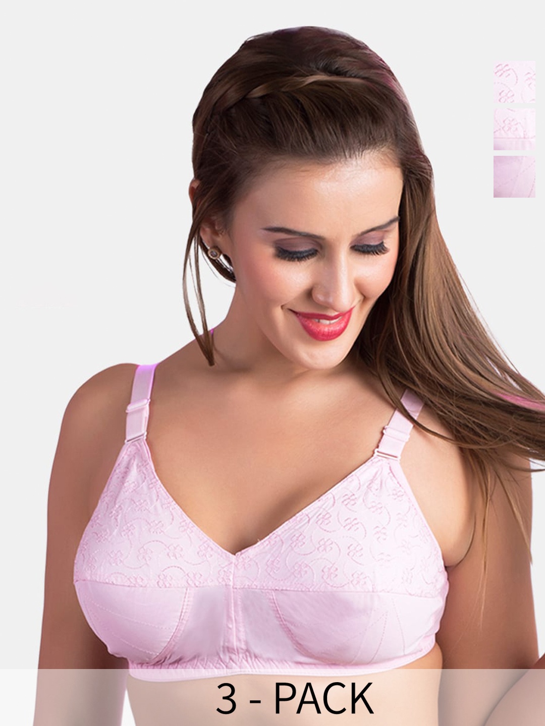 

Rajnie Pack Of 3 Full Coverage All Day Comfort Cotton Minimizer Bras, Pink