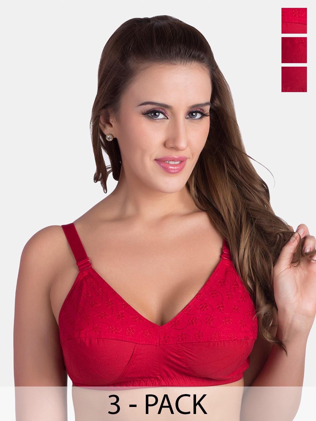 

Rajnie Pack Of 3 Full Coverage Cotton Bra, Red