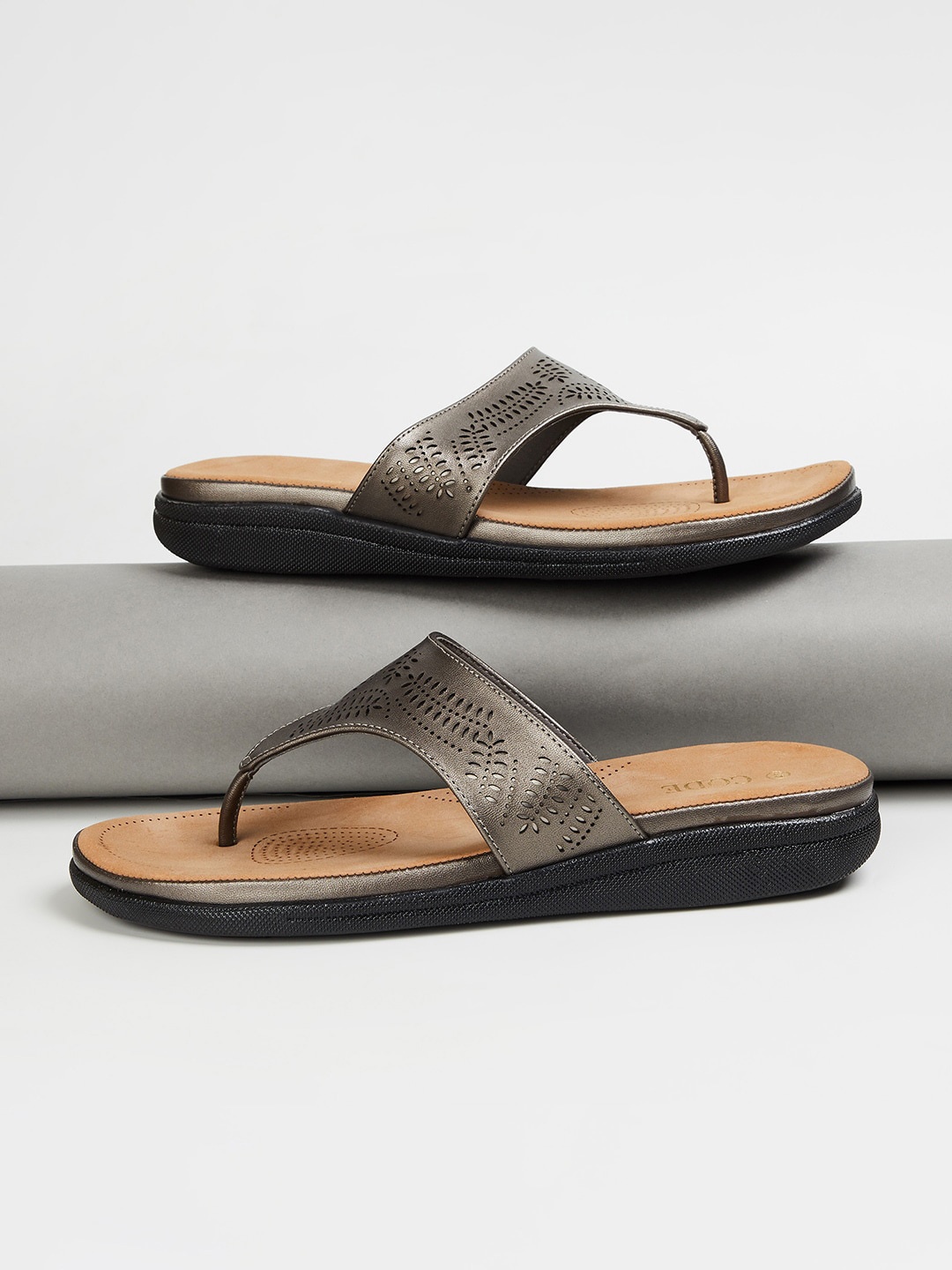 

CODE by Lifestyle Open Toe Flats With Laser Cuts, Grey