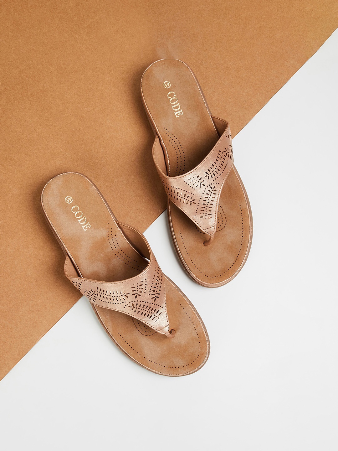 

CODE by Lifestyle Women Open Toe Laser Cut Flats, Beige