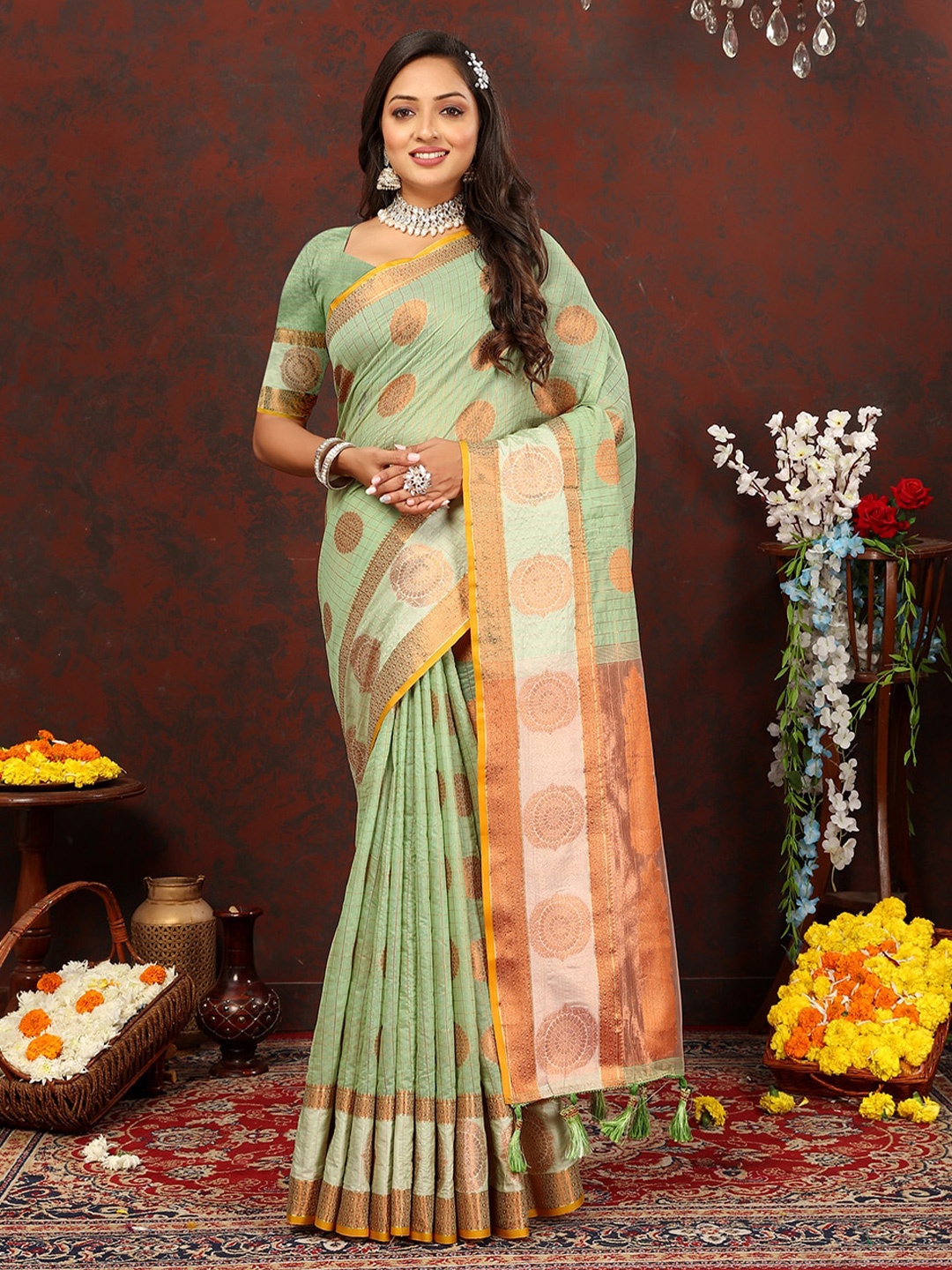 

JATRIQQ Woven Design Zari Cotton Banarasi Saree, Sea green