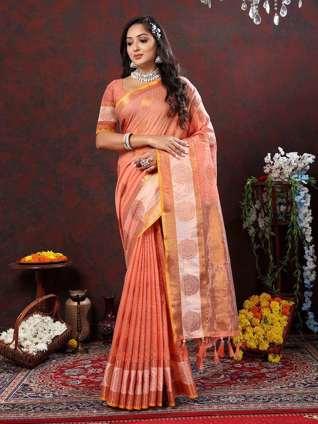 

JATRIQQ Ethnic Motifs Zari Banarasi Saree, Peach