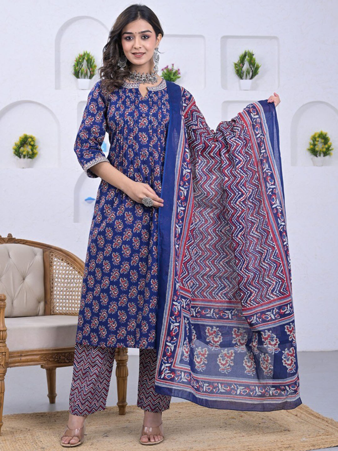 

Advya Ethnic Motifs Printed Notch Neck Pure Cotton Straight Kurta With Trousers & Dupatta, Blue