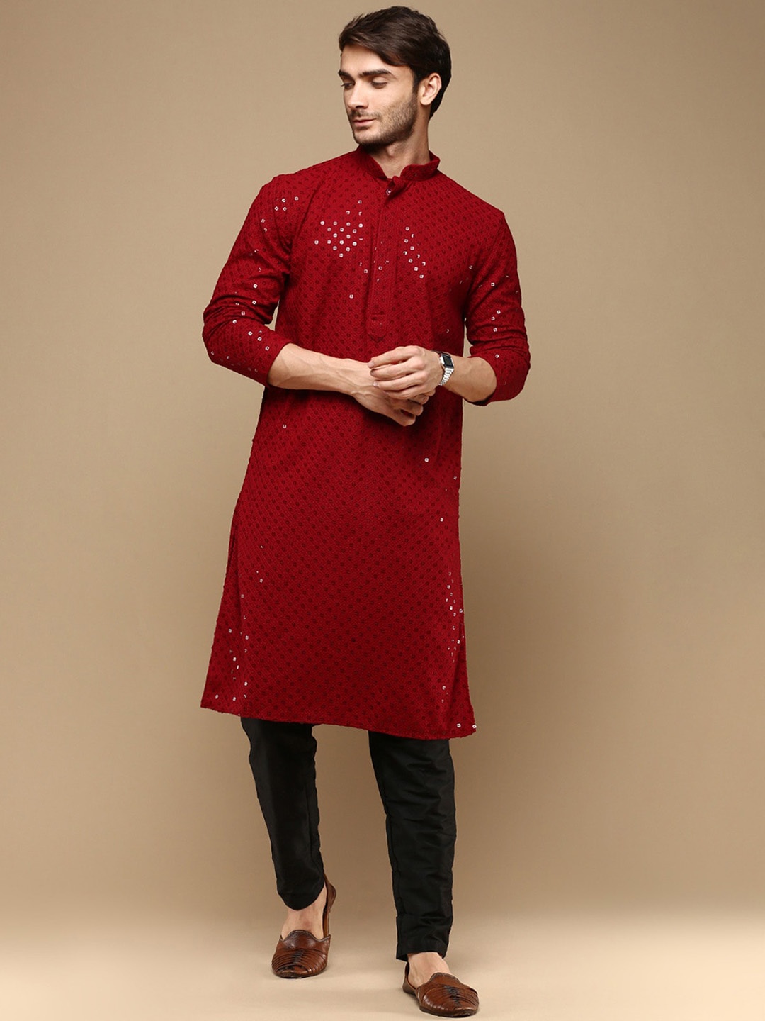 

Sanwara Geometric Embroidered Mandarin Collar Cotton Regular Kurta With Pyjama, Maroon