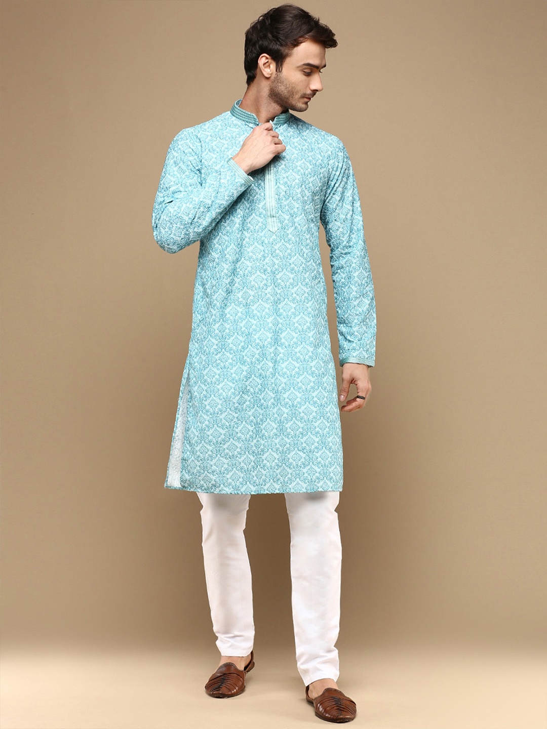 

Sanwara Ethnic Motifs Printed Mandarin Collar Cotton Regular Kurta With Pyjama, Blue