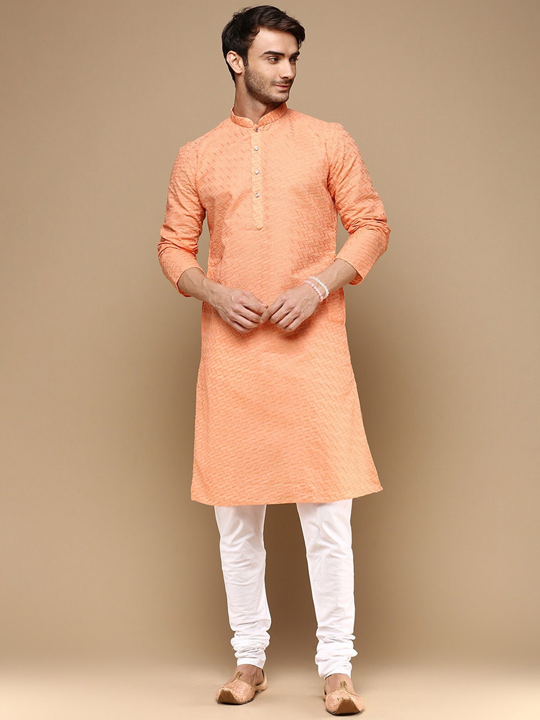 

Sanwara Ethnic Motifs Embroidered Mandarin Collar Cotton Regular Kurta With Pyjama, Orange