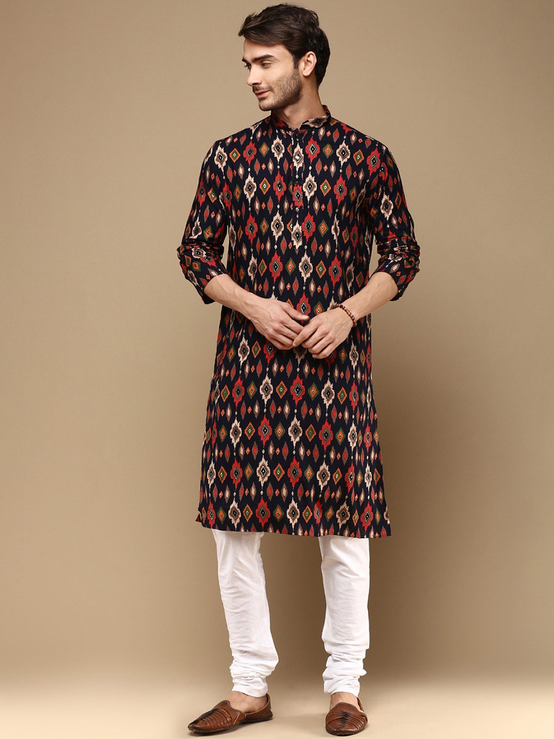 

Sanwara Mandarin Collar Long Sleeves Ethnic Printed Chikankari Straight Kurta with Pyjamas, Blue