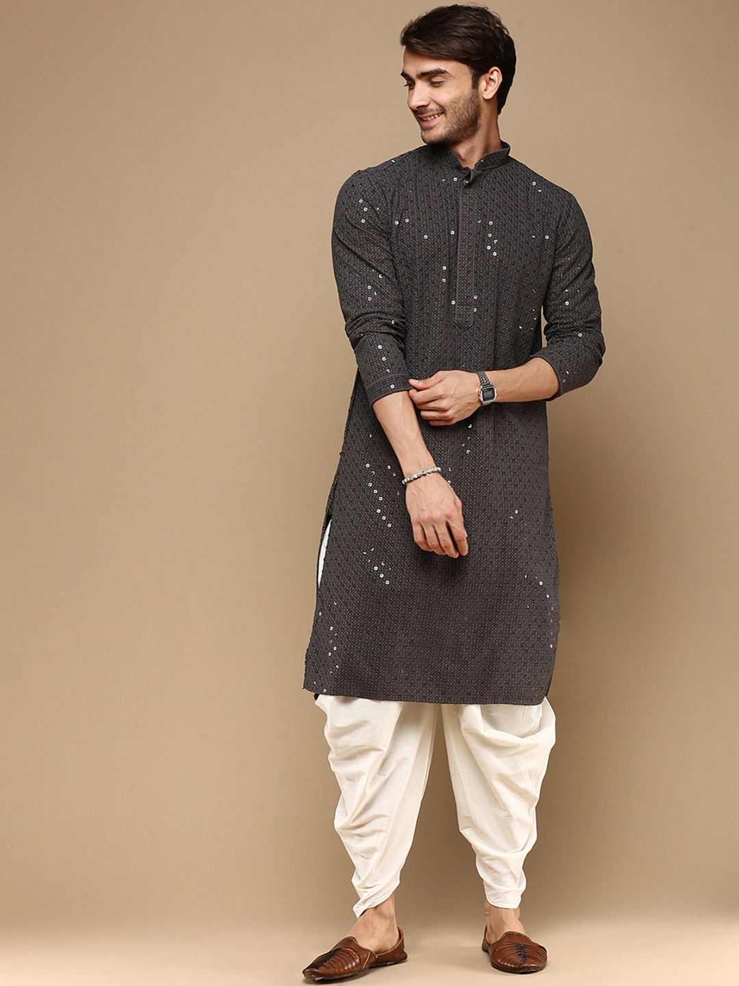 

Sanwara Mandarin collar Long Sleeves Embroidered Regular Sequinned Kurta with Dhoti Pants, Grey