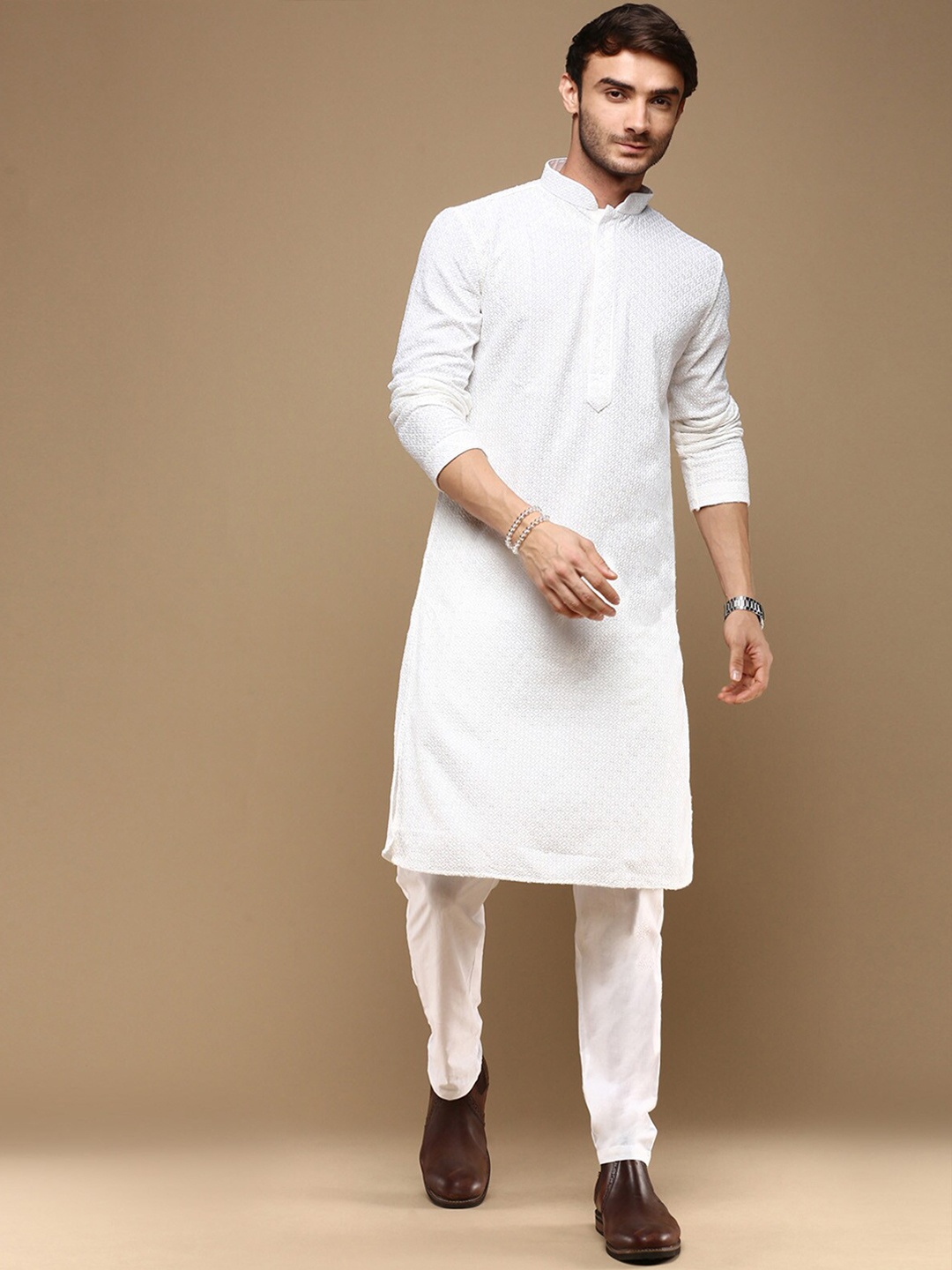 

Sanwara Chikankari Embroidered Sequinned Straight Kurta with Pyjamas, White