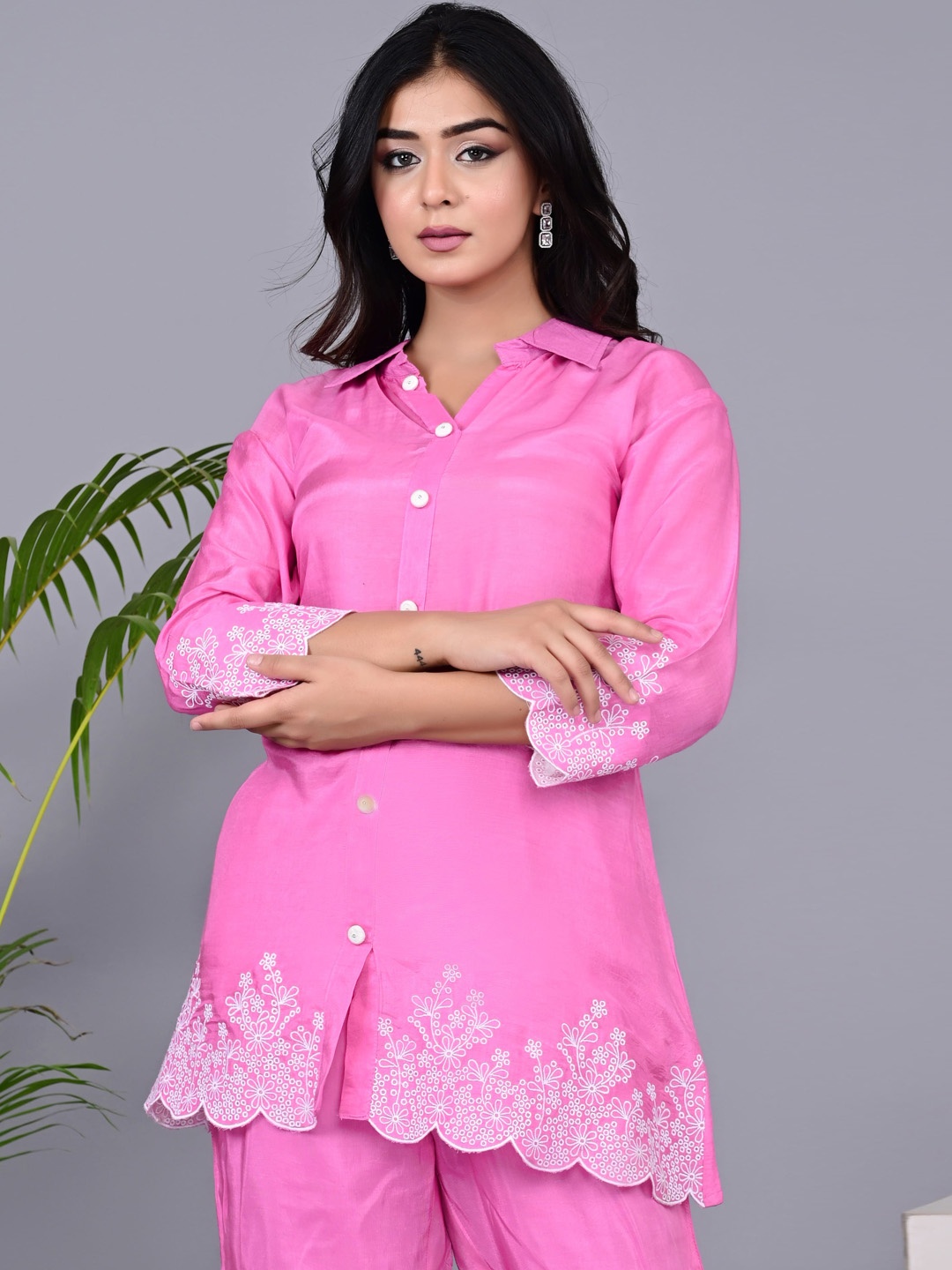 

Advya Embroidered Pure Silk Shirt-Collar Shirt With Trouser Co-Ords, Pink