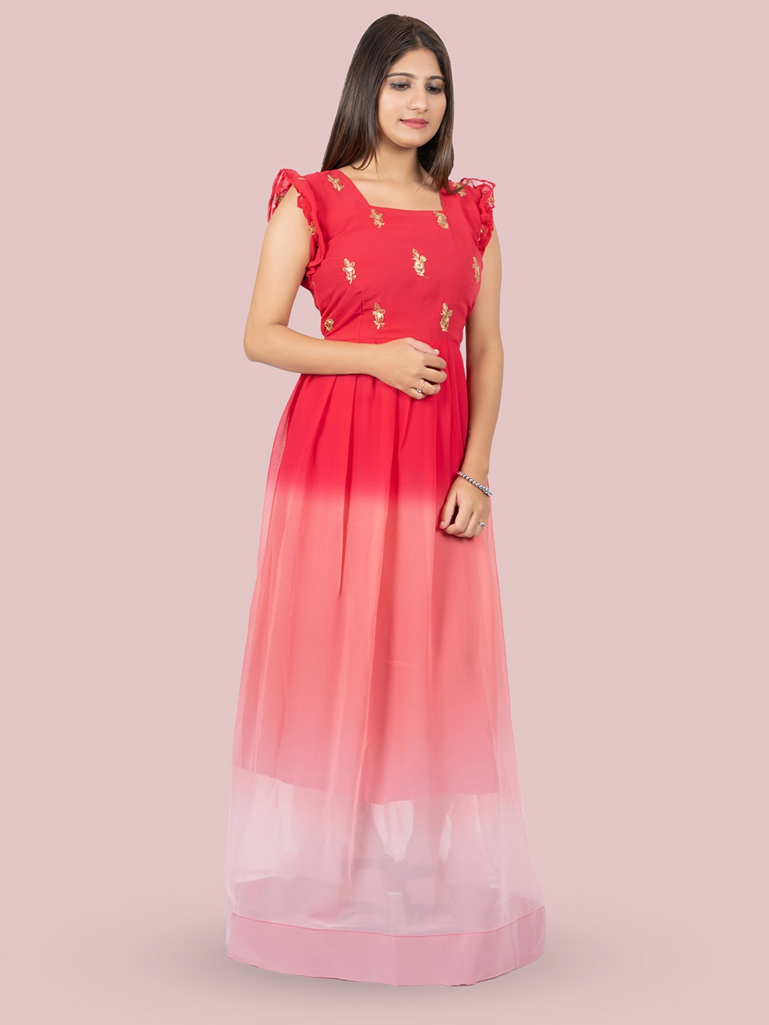 

N N ENTERPRISE Square Neck Print Flutter Sleeve Georgette Fit & Flare Maxi Dress, Red