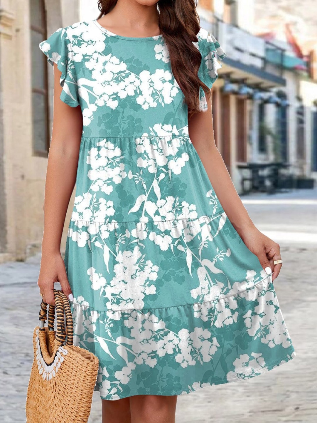 

Stylecast X KPOP Floral Printed Flutter Sleeves Gathered Detailed Fit & Flare Dress, Blue