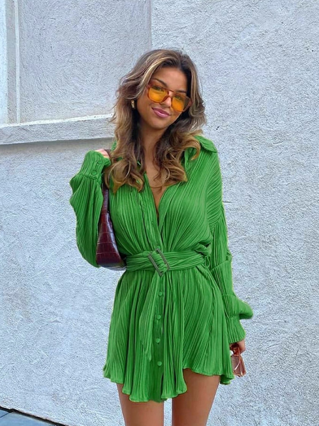 

Stylecast X KPOP Cuffed Sleeves Above Knee Shirt Dress, Green