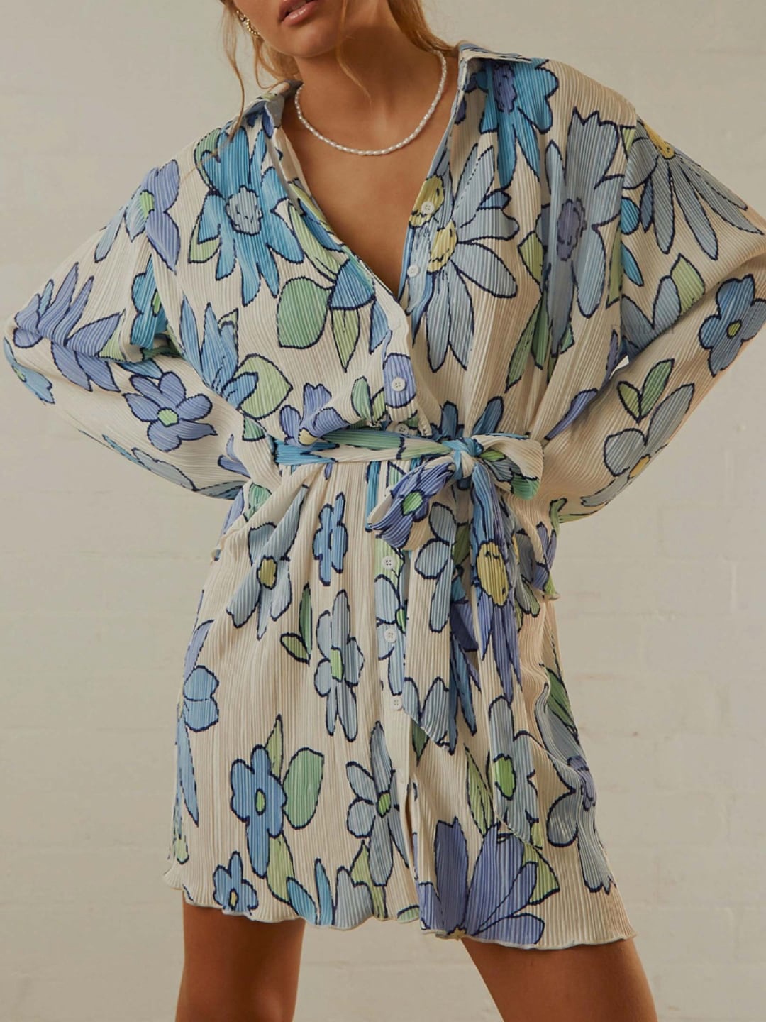 

Stylecast X KPOP Floral Printed Long Sleeves Above Knee Shirt Dress, Blue