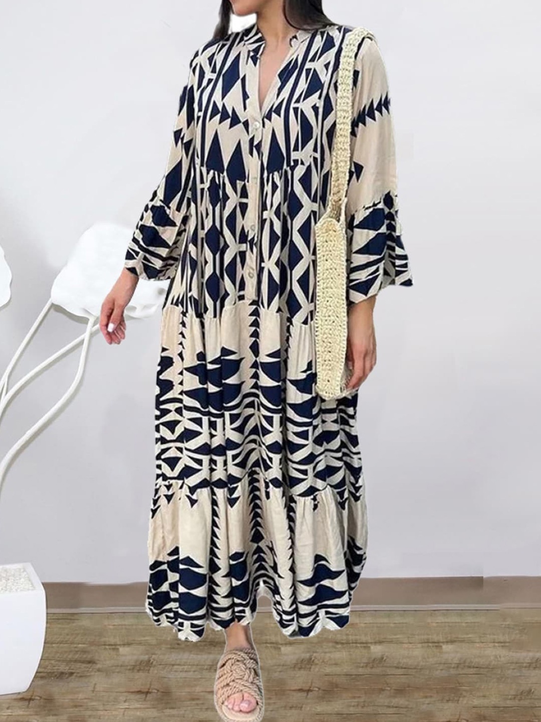 

Stylecast X KPOP Mandarin Collar Long Flared Sleeves Geometric Print Maxi Midi Dress, Navy blue