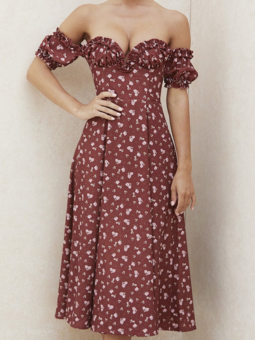 

Stylecast X KPOP Red Floral Printed Off Shoulder Fit & Flare Midi Dress