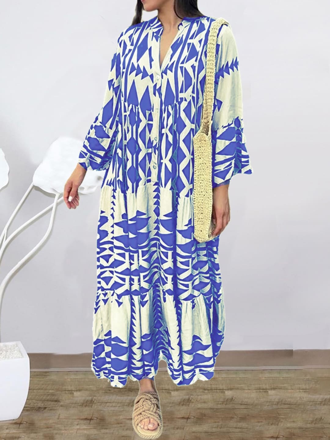 

Stylecast X KPOP Mandarin Collar Long Flared Sleeves Geometric Print Maxi Midi Dress, Blue